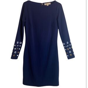 MICHAEL MICHAEL KORS Womens Navy Mini Sheath Dress L/S Grommet Detailed Size XS